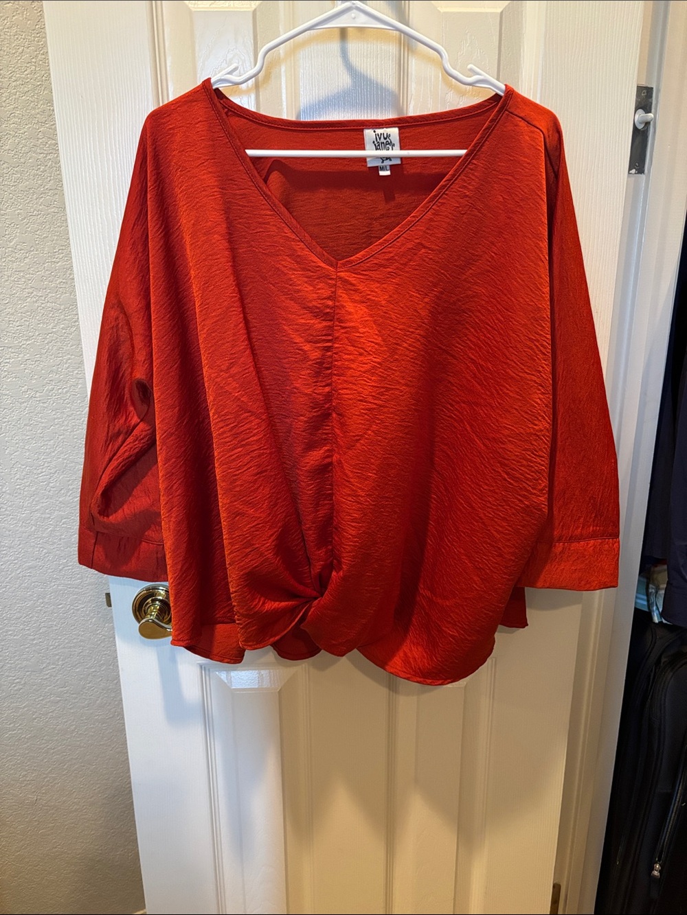 Ivy Jane Rust Burnt Orange Crinkle V-Neck Twist Front Blouse 3/4 Dolman M/L